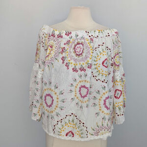 Women's Ecru Silk Flower Off Shoulder Blouse Large Slight Bell Sleeve White Pink